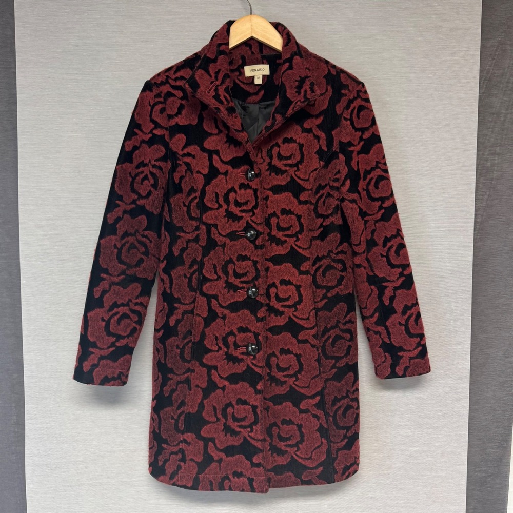 Venario Womens Red Black Rose Floral Wool Blend Button Front Coat Jacket Size M